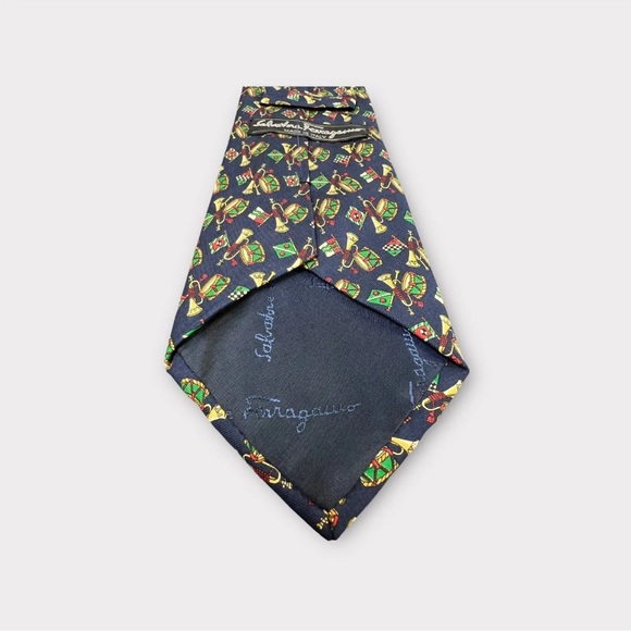 Salvatore Ferragamo Tie Necktie Blue Geometric Drum Trumpet Silk Made In Italy - Picture 9 of 12